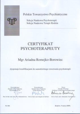 Certyfikat Psychoterapeuty Ariadna Romejko-Borowiec